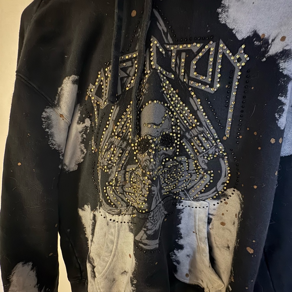 Affliction Black and White Hoodie with Studded Skull Design